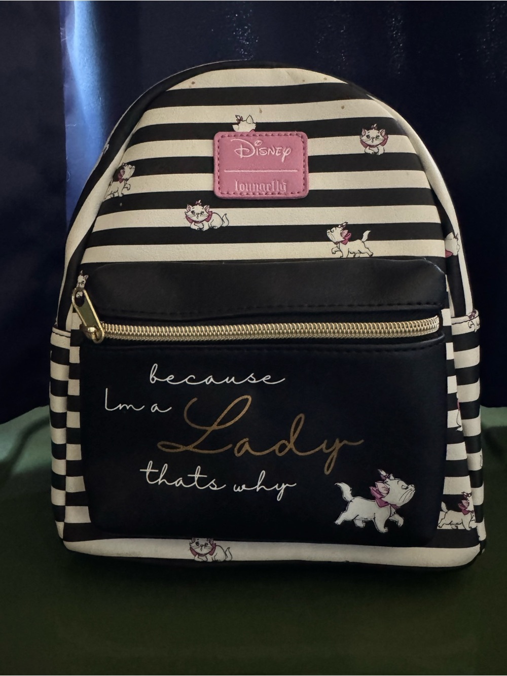 Loungefly Black & Cream Marie Mini Backpack with Pink Patch